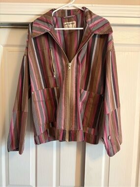 Free People We The Free Sally Striped Canvas Jacket Pink Brown L NWOT